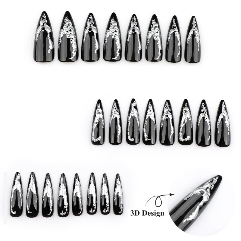 MISUD Press on Nails - Long Stiletto Glue on Nails with Goth Black, Acrylic 3D Silver Chrome Design 24 pcs - Image 3